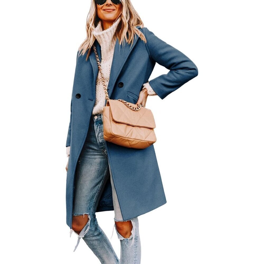 🆕Women's Blue Winter Wool Coat Casual Notch Lapel Single-Breasted Peacoat